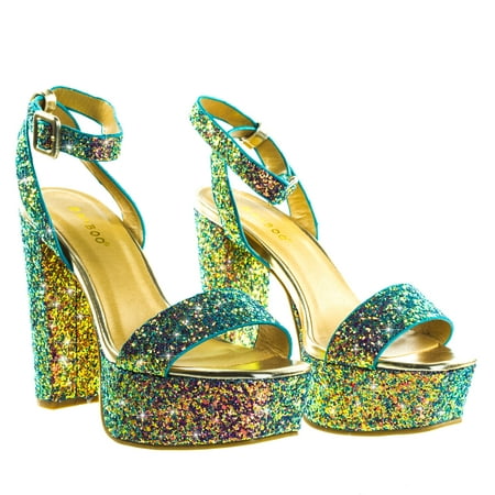 BAMBOO Glitter Block Heel Platform Open Toe Strappy Evening Party Dress Sandal 